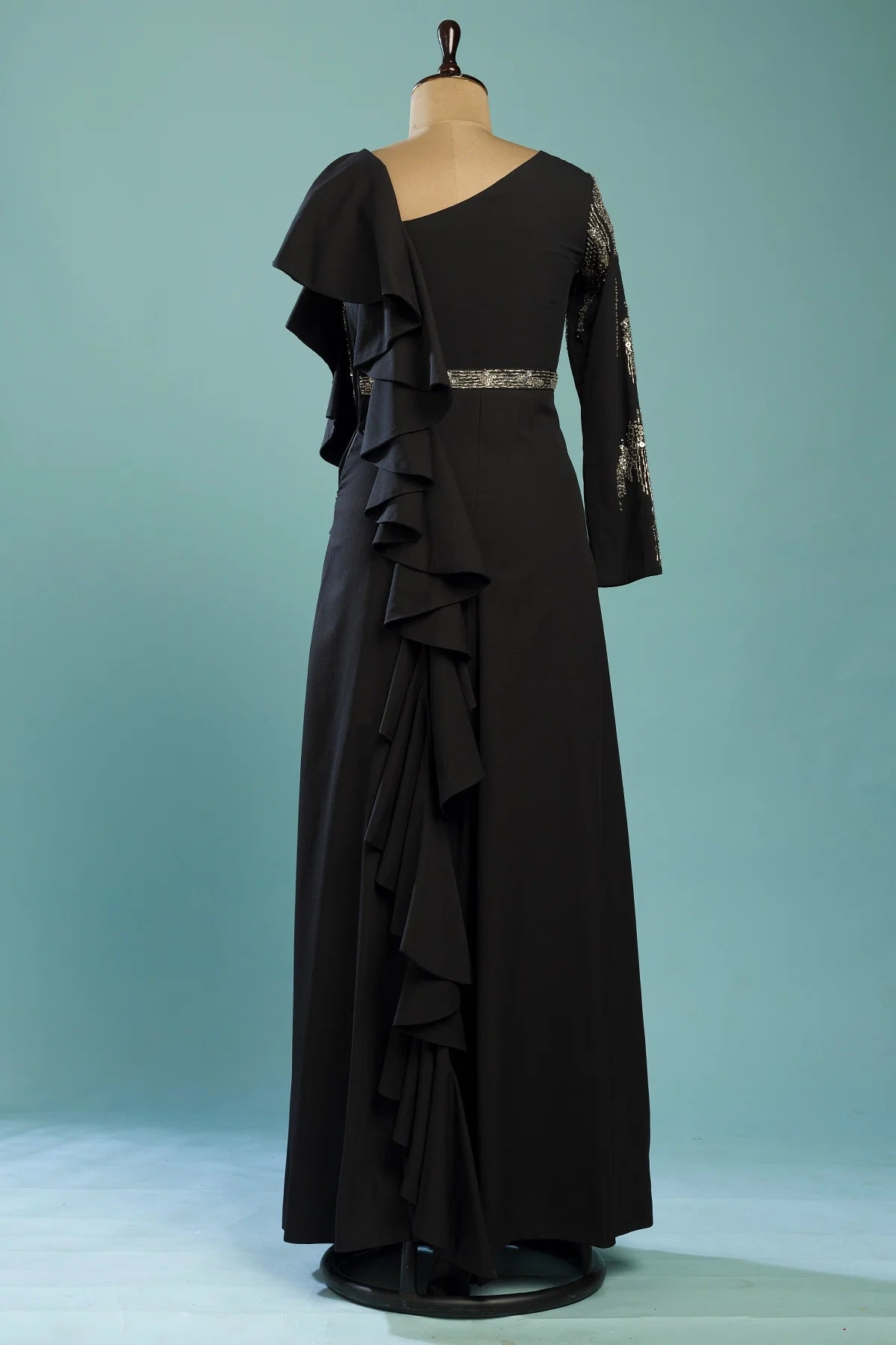 Black Crepe Foil Work Evening Gown with Ruffled Sleeves for Night Events