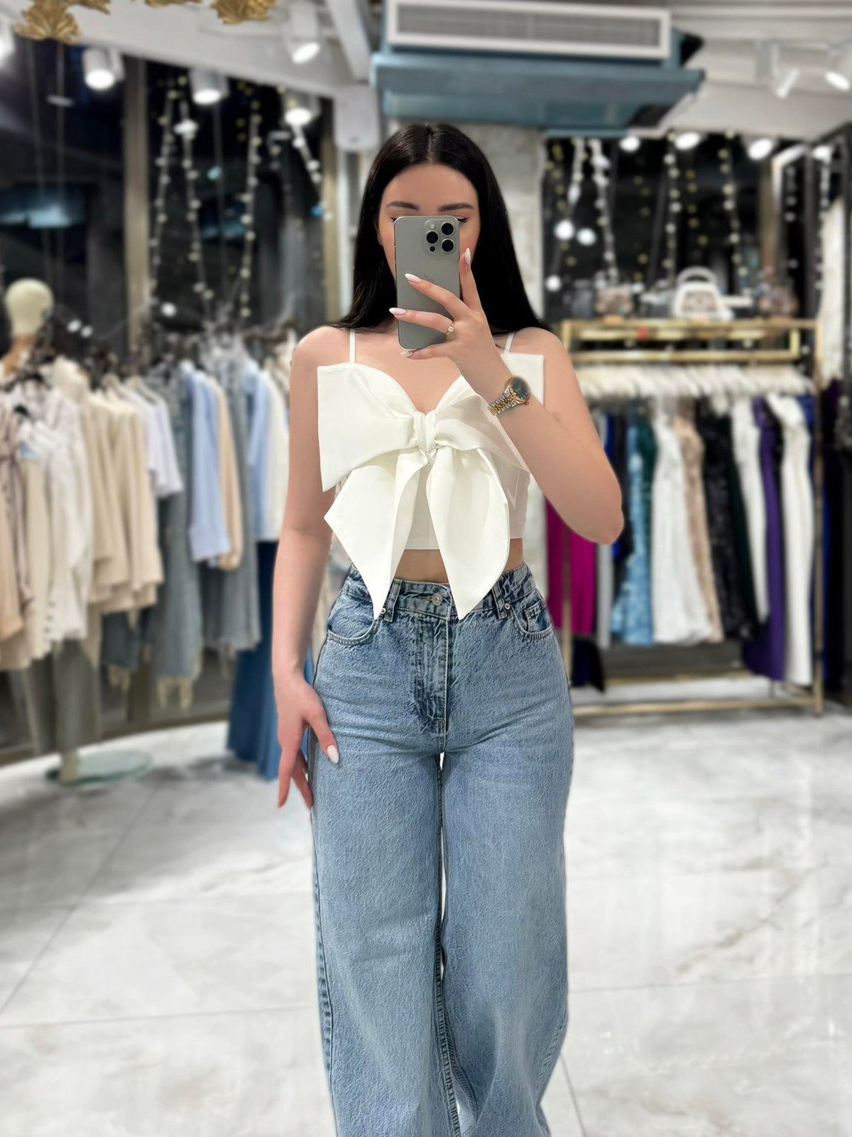 Lola White Front Ribbon Thin Strap Blouse