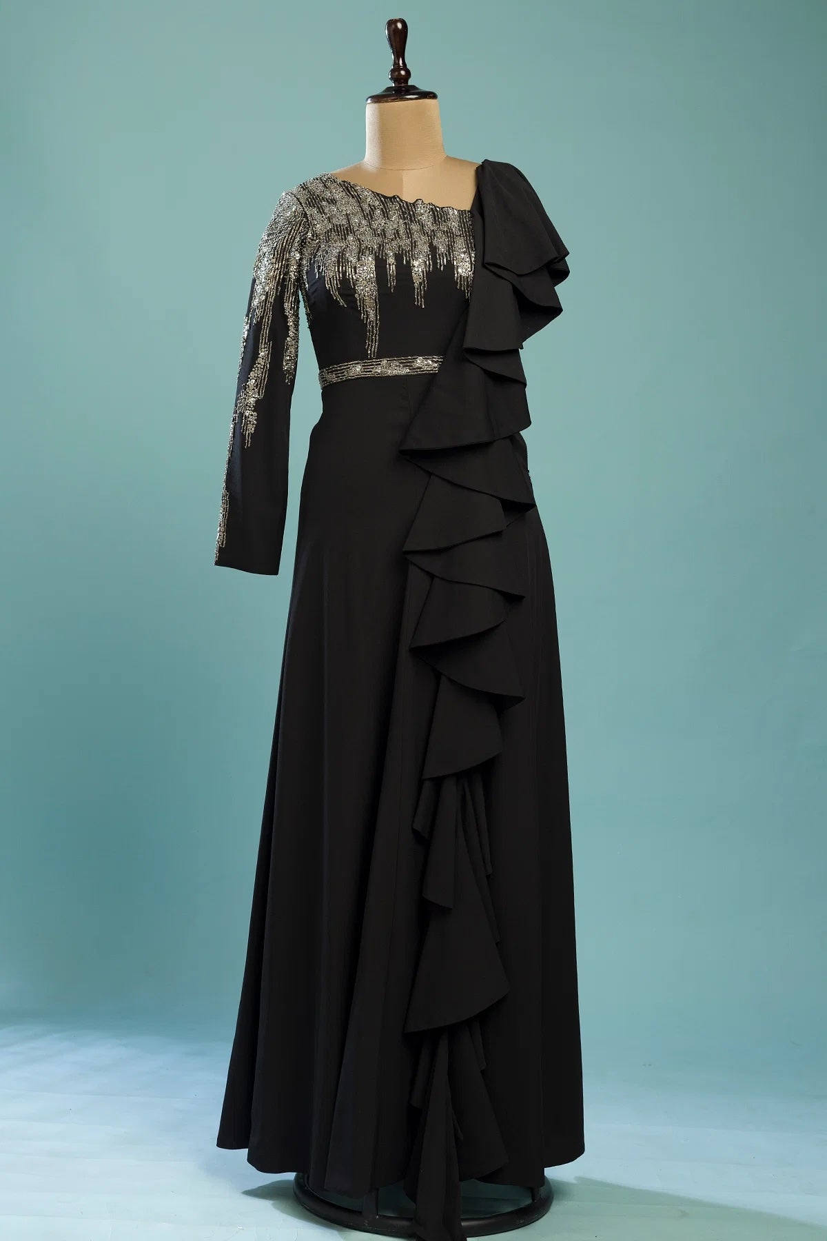 Black Crepe Foil Work Evening Gown with Ruffled Sleeves for Night Events