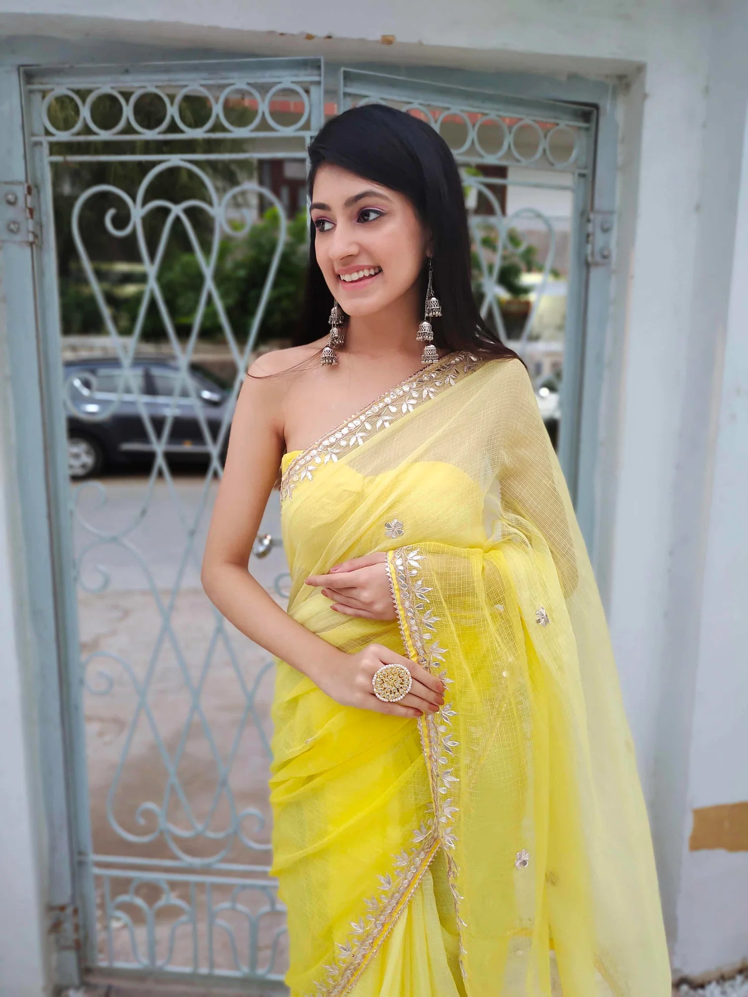 Radiate Elegance in Our Yellow Kota Silk Saree with Golden Gota Work