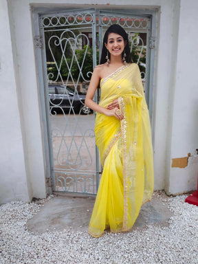 Radiate Elegance in Our Yellow Kota Silk Saree with Golden Gota Work