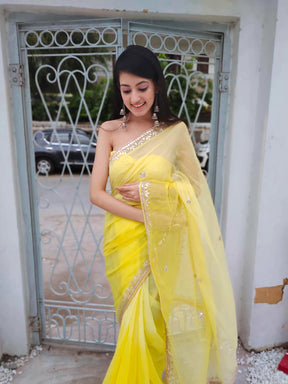 Radiate Elegance in Our Yellow Kota Silk Saree with Golden Gota Work