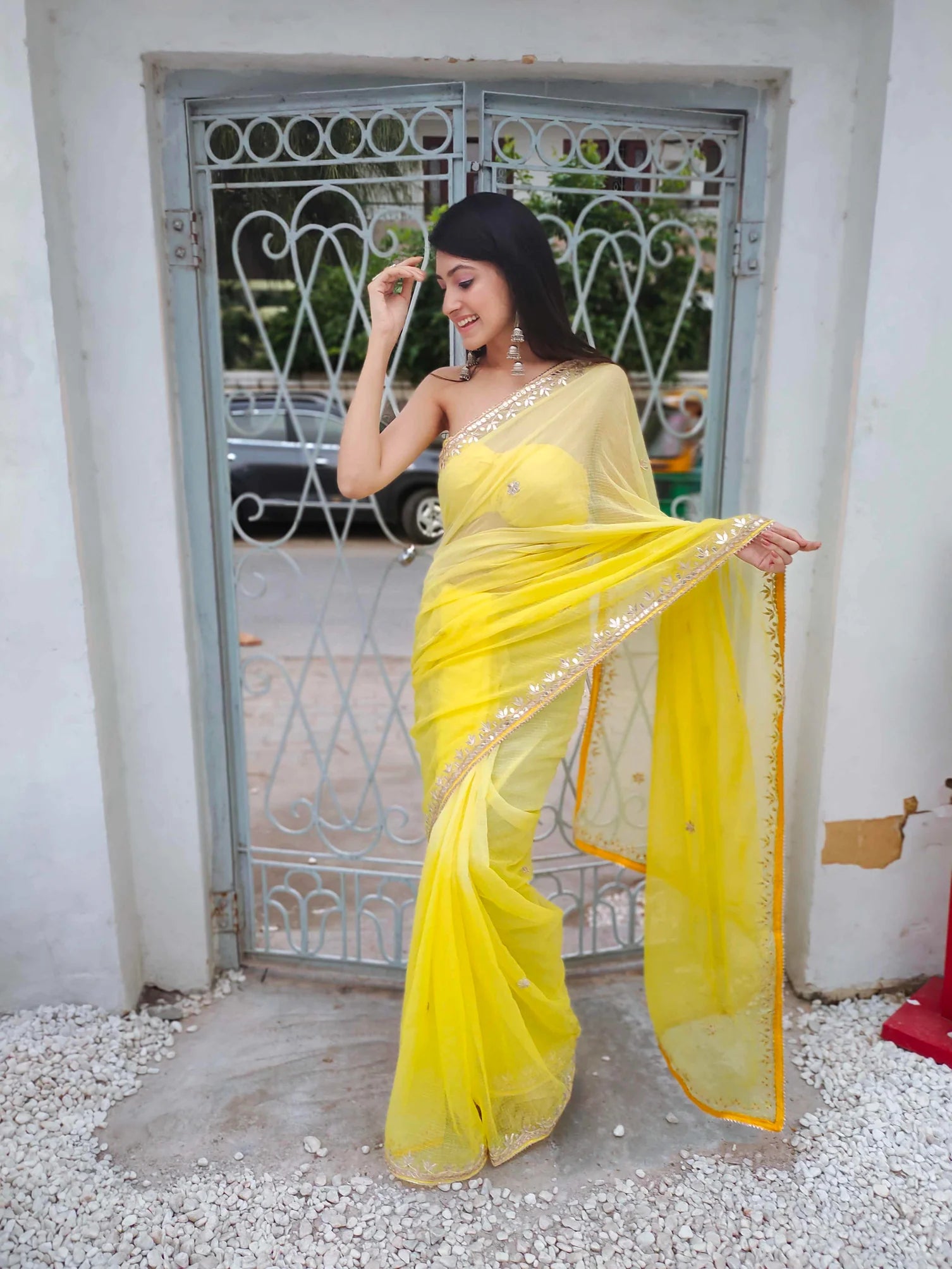 Radiate Elegance in Our Yellow Kota Silk Saree with Golden Gota Work