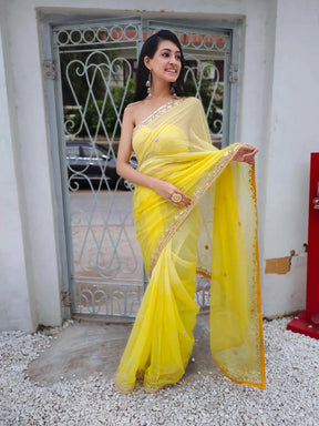 Radiate Elegance in Our Yellow Kota Silk Saree with Golden Gota Work