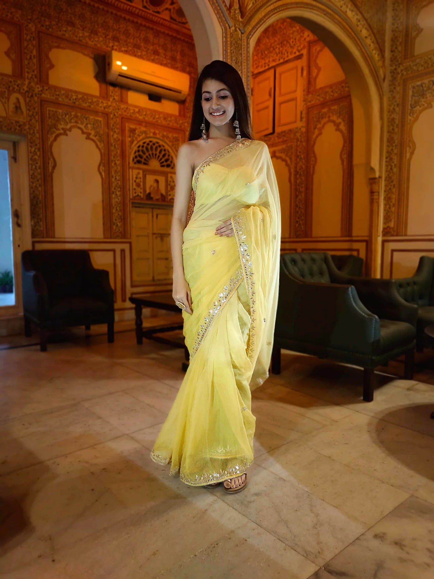 Radiate Elegance in Our Yellow Kota Silk Saree with Golden Gota Work