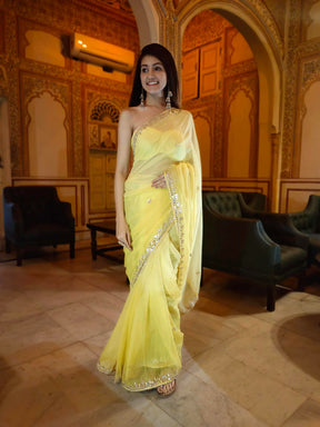 Radiate Elegance in Our Yellow Kota Silk Saree with Golden Gota Work