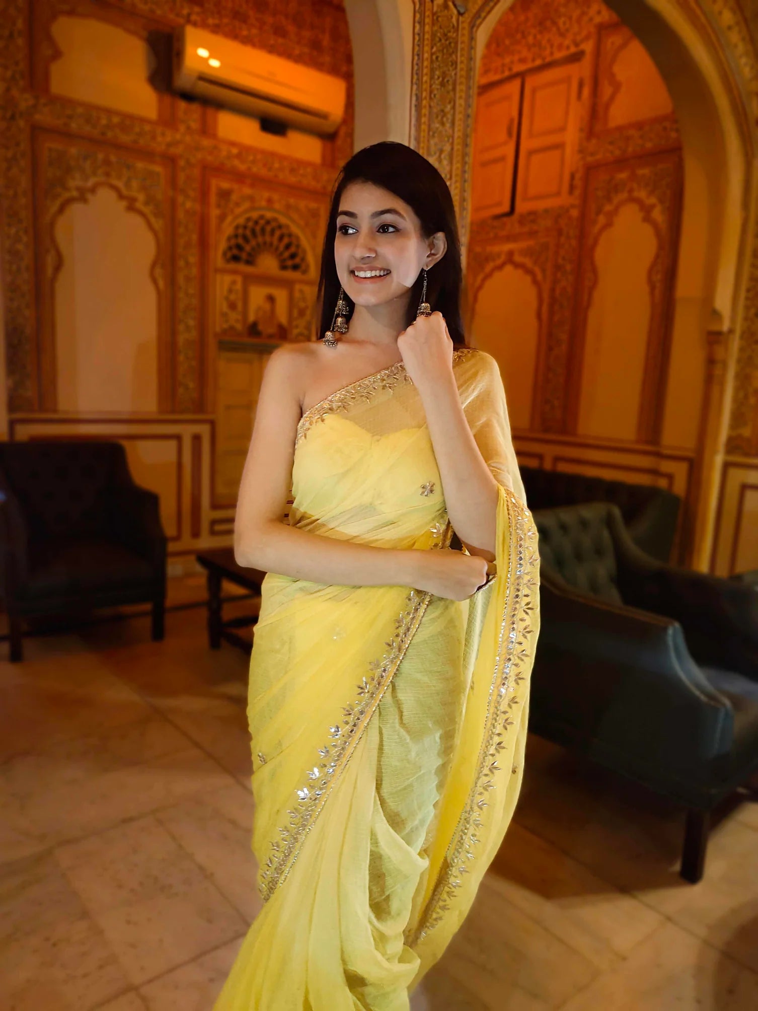 Radiate Elegance in Our Yellow Kota Silk Saree with Golden Gota Work