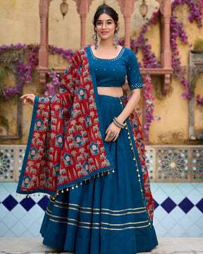 Shine Bright in a Fully Stitched Pure Cotton Lehenga Choli with Real Mirror Work and 6-Meter Flare