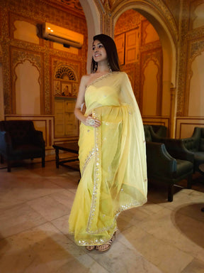 Radiate Elegance in Our Yellow Kota Silk Saree with Golden Gota Work