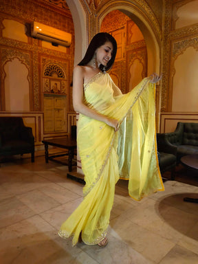 Radiate Elegance in Our Yellow Kota Silk Saree with Golden Gota Work