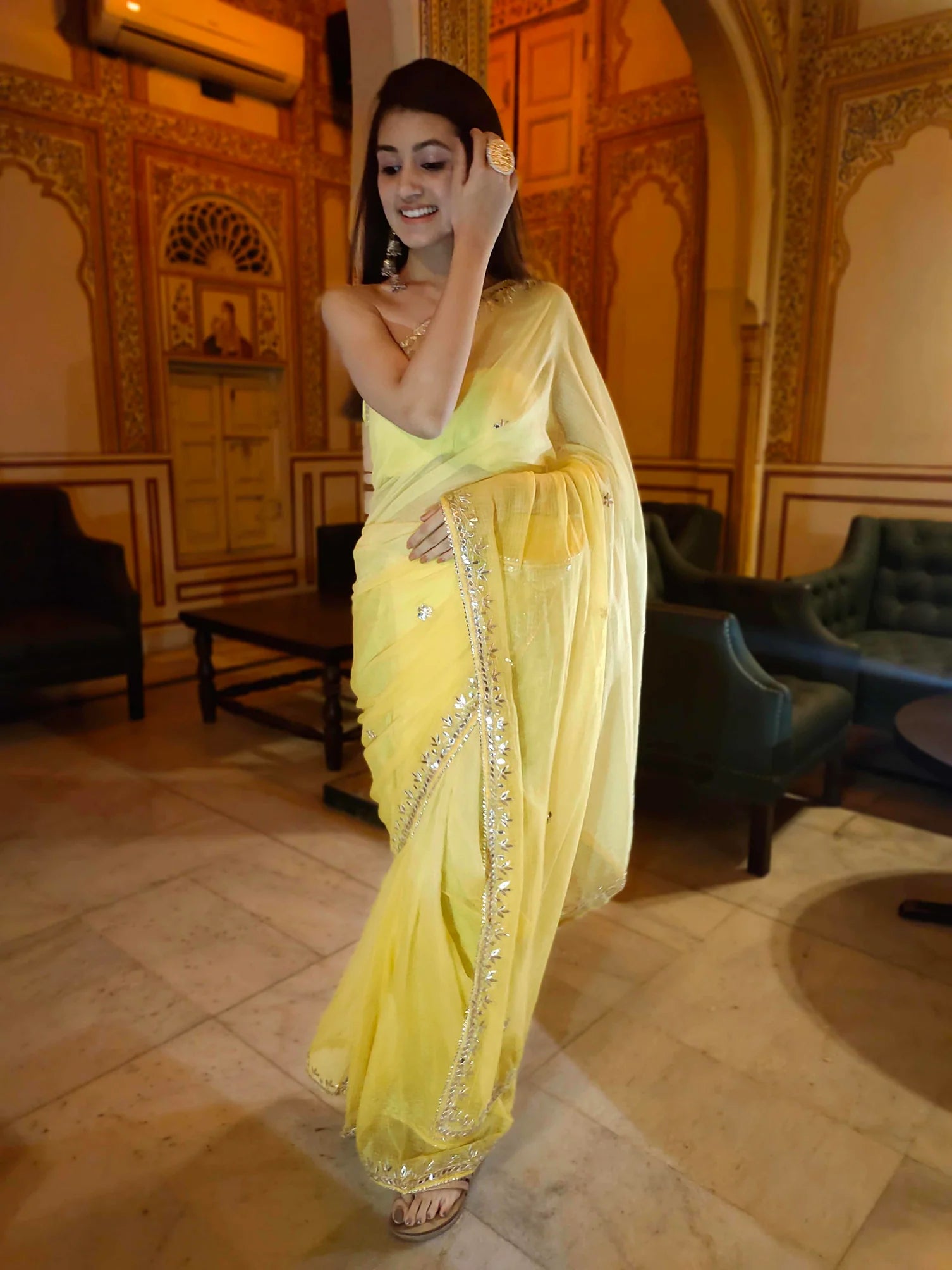 Radiate Elegance in Our Yellow Kota Silk Saree with Golden Gota Work