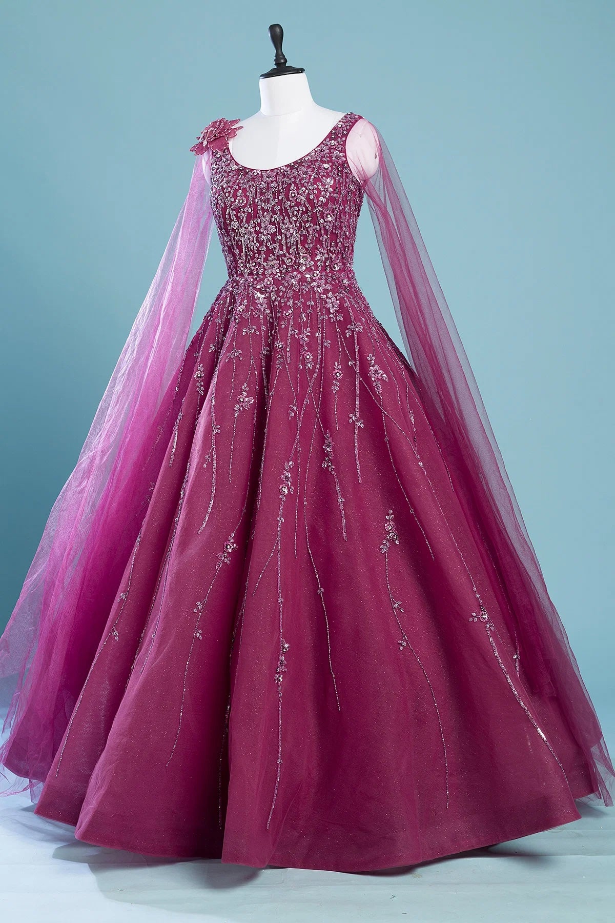 Pink Net Flared Style Indo-Western Gown with Sequins Work