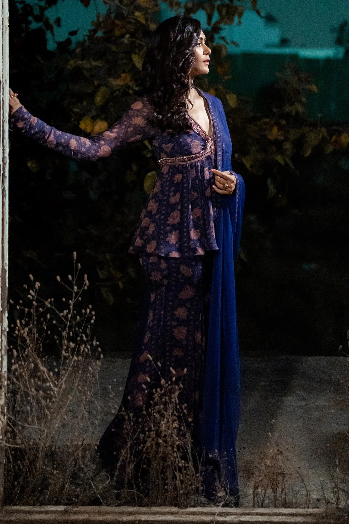 Mrunal Thakur in Purple Navy Printed Gharara Set