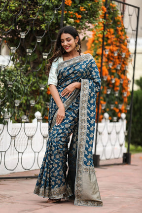 Royal Blue Munga Silk Saree with Zari Embroidery