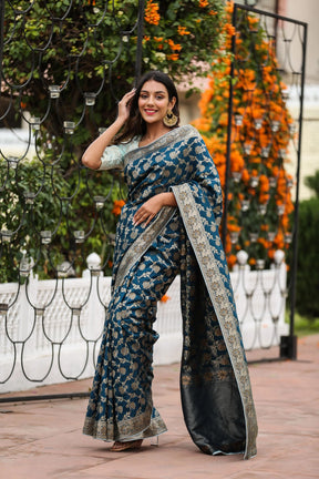 Royal Blue Munga Silk Saree with Zari Embroidery