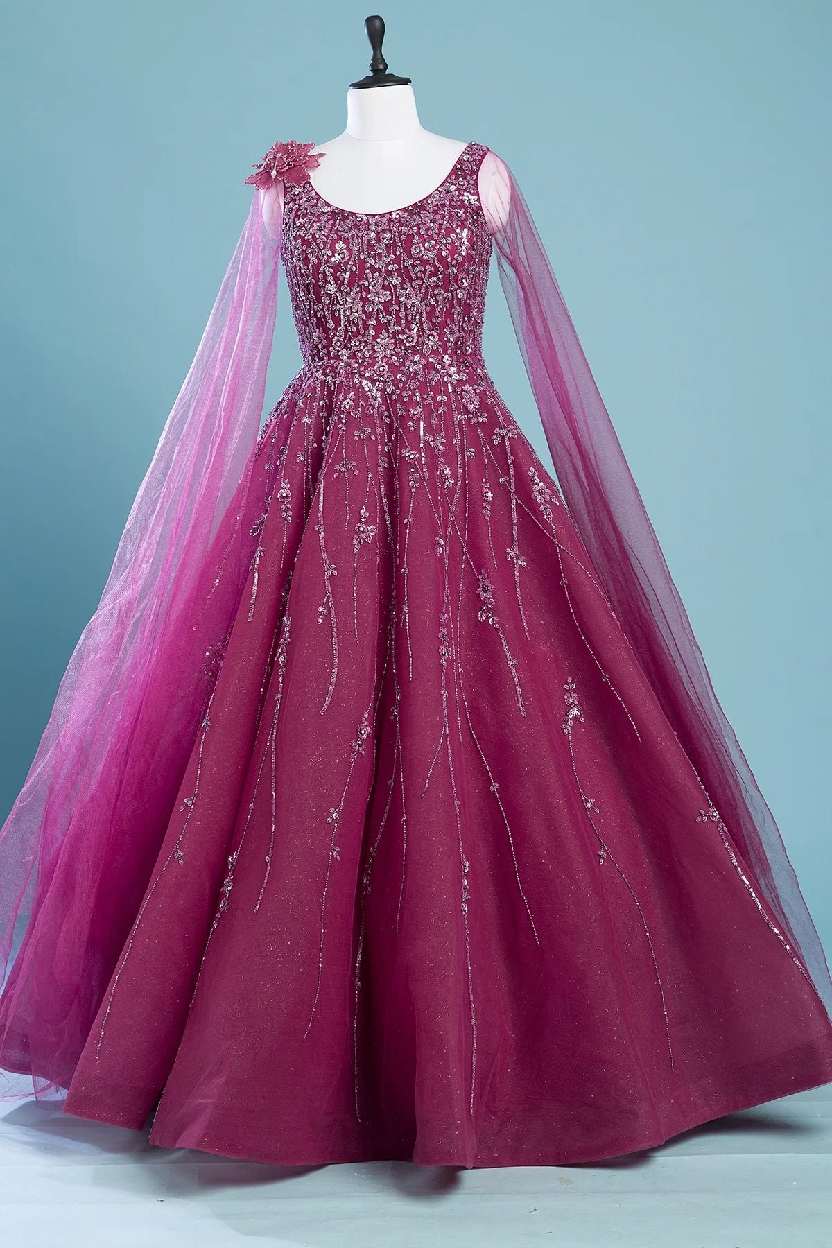 Pink Net Flared Style Indo-Western Gown with Sequins Work