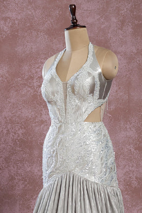 Grey Shimmer Mermaid Style Evening Gown with Foil Work