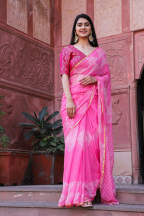 Indian Traditional Hand Printed Pink Chiffon Saree with Zari Border