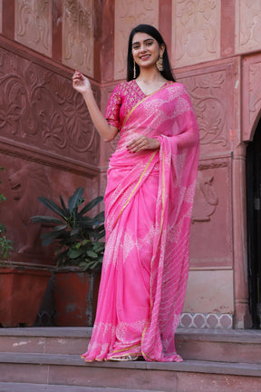 Indian Traditional Hand Printed Pink Chiffon Saree with Zari Border