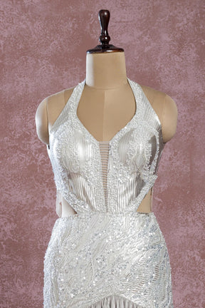 Grey Shimmer Mermaid Style Evening Gown with Foil Work