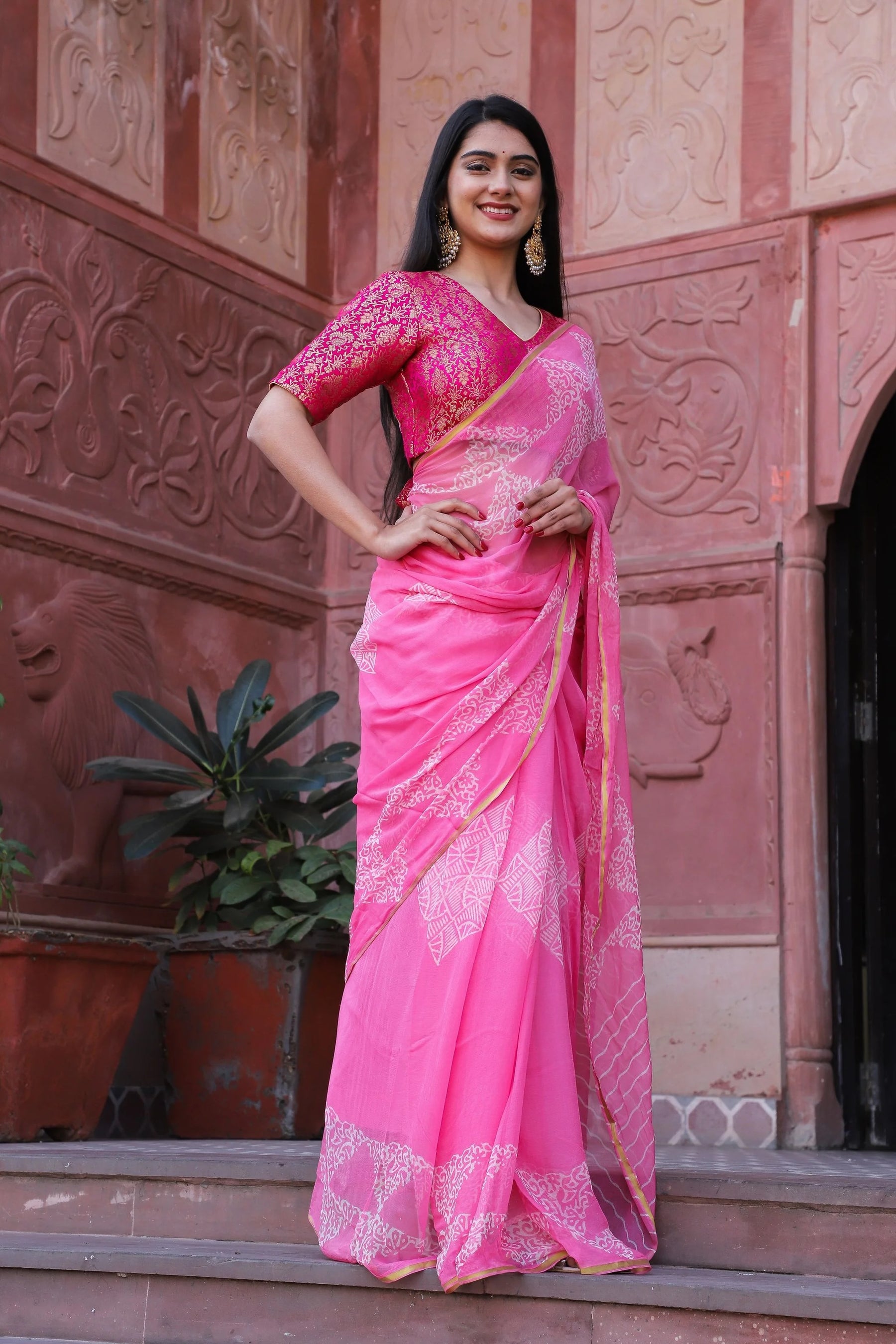 Indian Traditional Hand Printed Pink Chiffon Saree with Zari Border