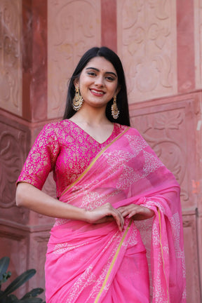 Indian Traditional Hand Printed Pink Chiffon Saree with Zari Border