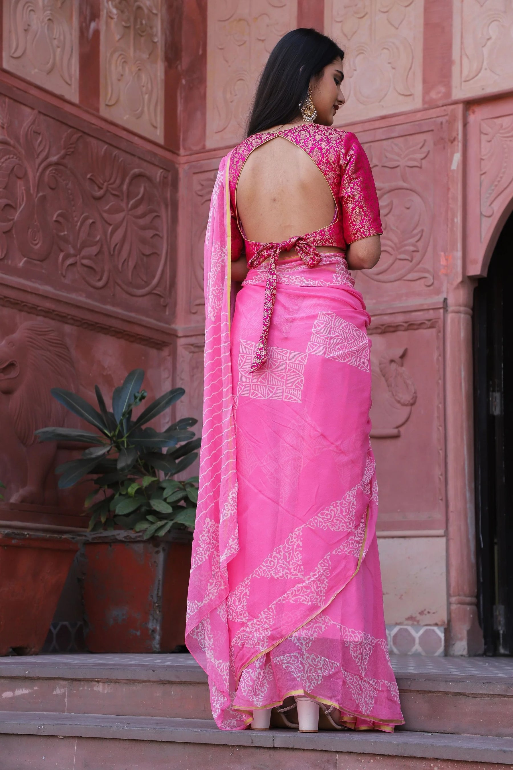 Indian Traditional Hand Printed Pink Chiffon Saree with Zari Border