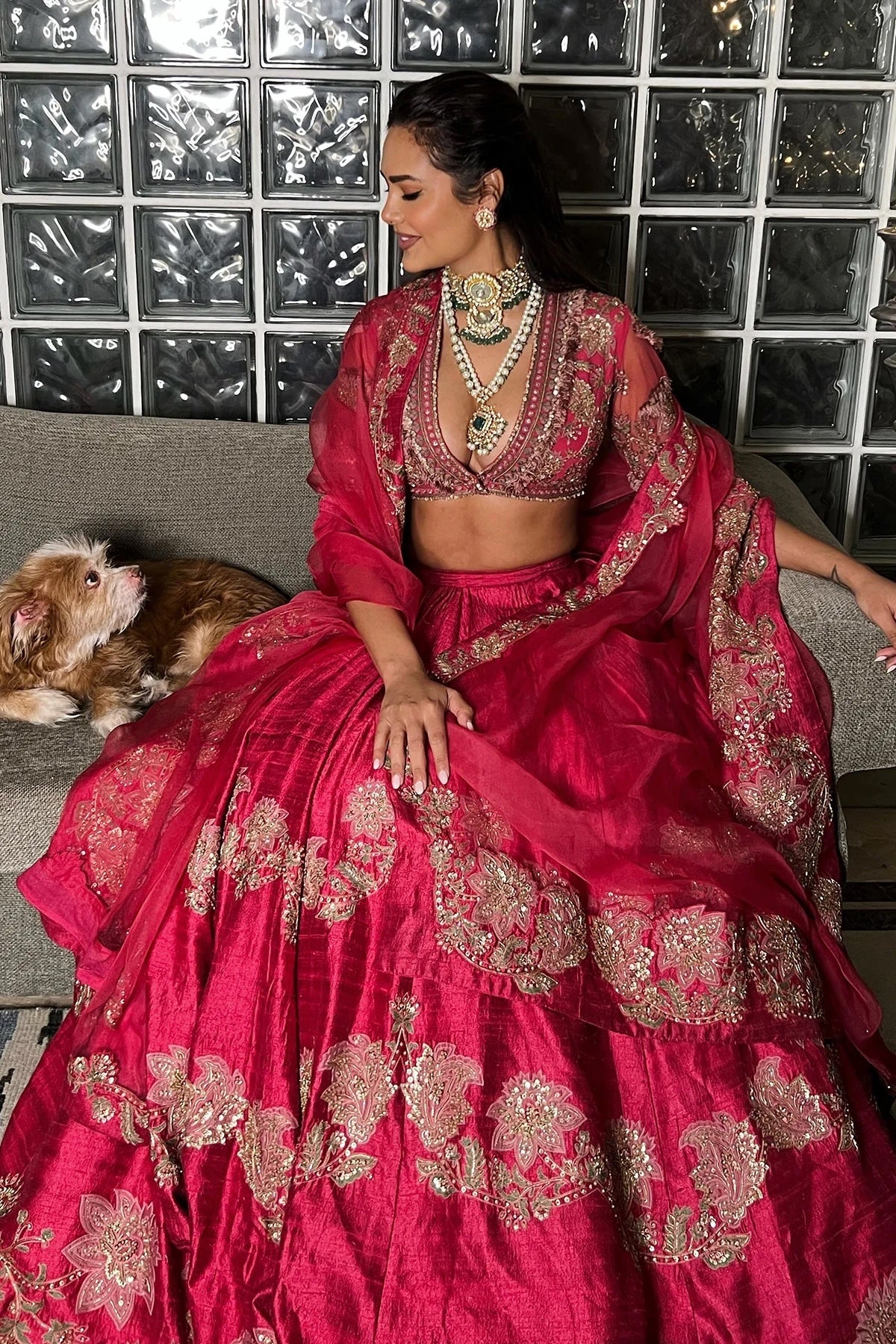 Esha Gupta in Cherry Red Reanna Lehenga