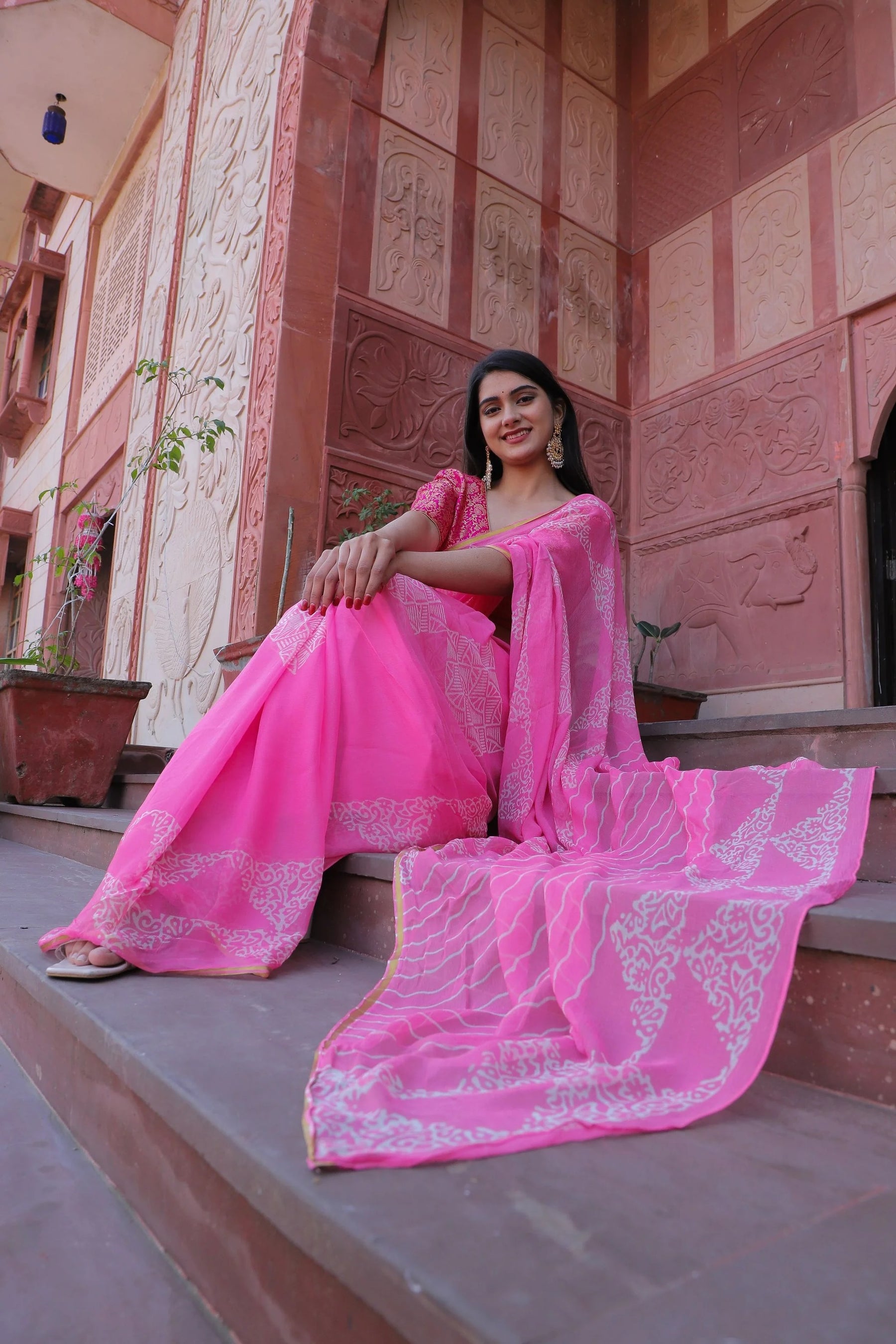 Indian Traditional Hand Printed Pink Chiffon Saree with Zari Border