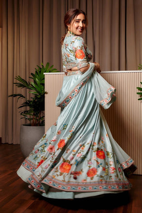 Elegant Silk Printed Embroidered Skirt and Blouse with Net Dupatta