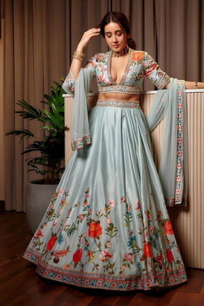 Elegant Silk Printed Embroidered Skirt and Blouse with Net Dupatta