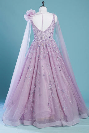 Lavender Net Flared Style Indo-Western Gown with Slit Sleeves