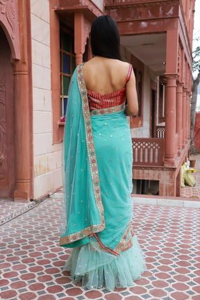 Green Ruffled Net and Georgette Half-N-Half Saree with Sequin Work