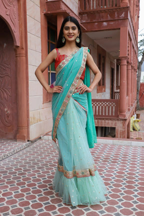 Green Ruffled Net and Georgette Half-N-Half Saree with Sequin Work