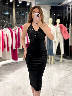 Adina Black Velvet Dress with Chest Sequin