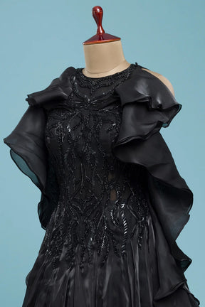 Black Structured Ruffle Evening Gown with Cutdana Work for Special Occasions