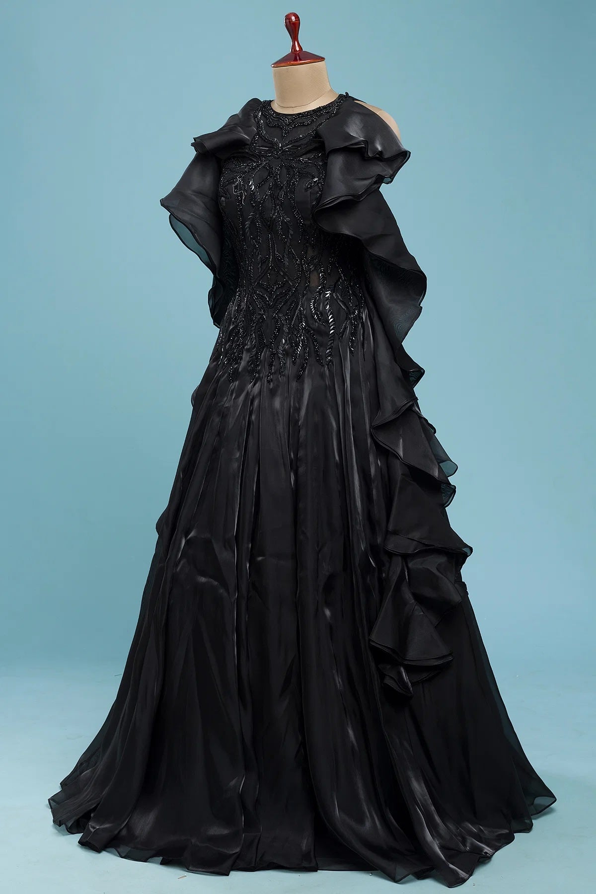 Black Structured Ruffle Evening Gown with Cutdana Work for Special Occ Rim Zim Fashion Black Structured Ruffle Evening Gown with Cutdana Work for Special Occ Rim Zim Fashion