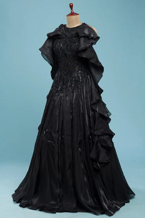 Black Structured Ruffle Evening Gown with Cutdana Work for Special Occasions