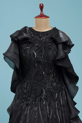 Black Structured Ruffle Evening Gown with Cutdana Work for Special Occasions