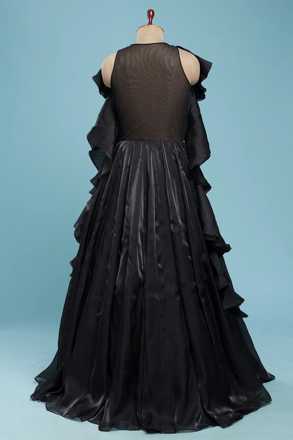 Black Structured Ruffle Evening Gown with Cutdana Work for Special Occasions