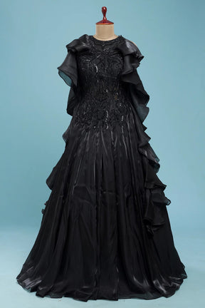 Black Structured Ruffle Evening Gown with Cutdana Work for Special Occasions