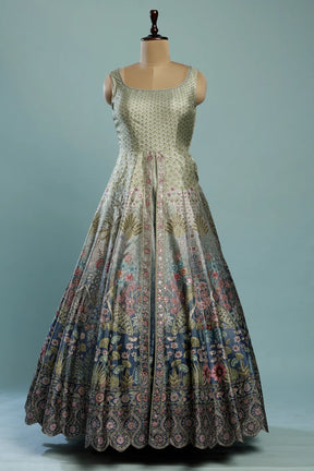 Grey & Blue Ombre Silk Indo-Western Gown with Sequins Work