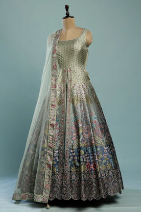 Grey & Blue Ombre Silk Indo-Western Gown with Sequins Work