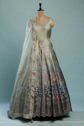 Grey & Blue Ombre Silk Indo-Western Gown with Sequins Work