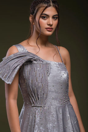 Steel Grey Stone Embroidered Silk Indo-Western Gown