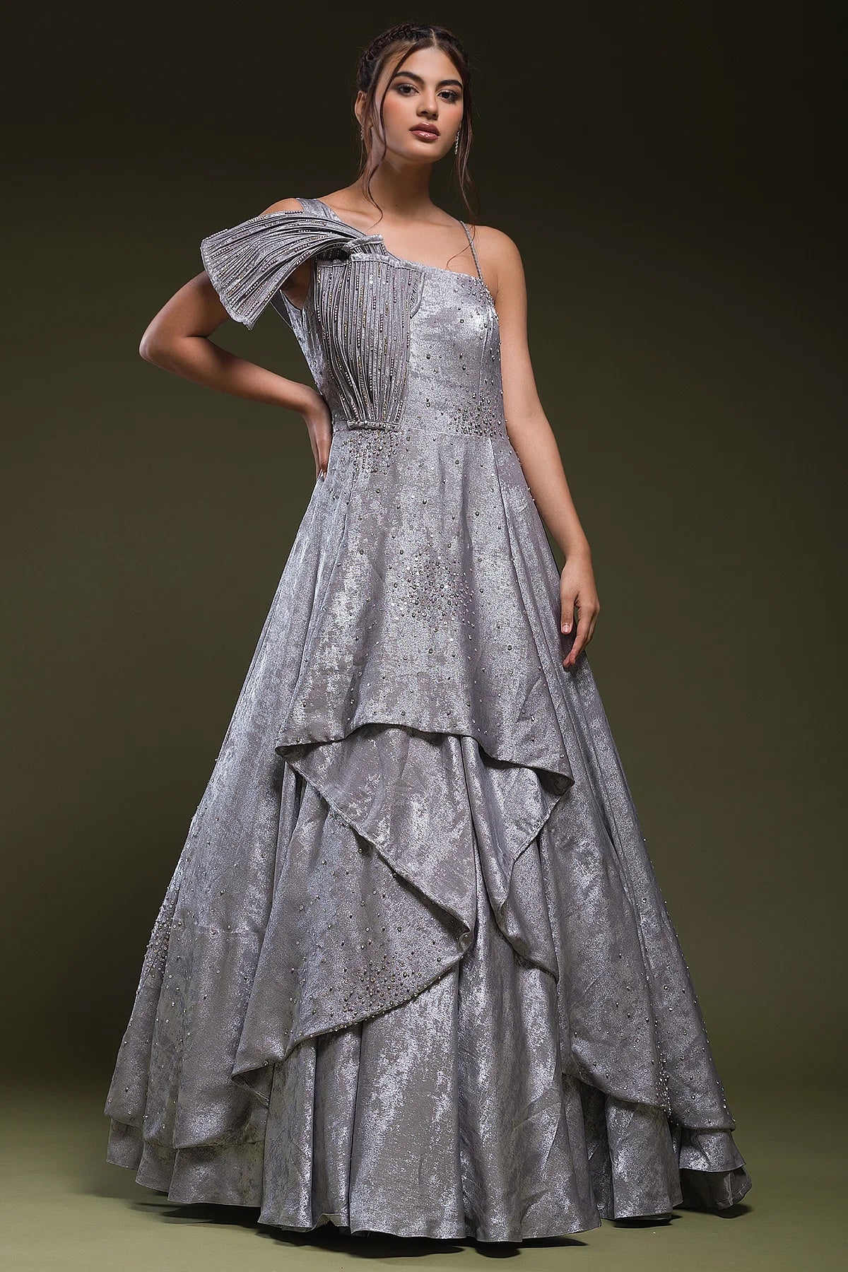 Steel Grey Stone Embroidered Silk Indo-Western Gown