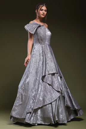 Steel Grey Stone Embroidered Silk Indo-Western Gown