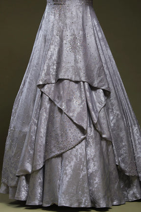 Steel Grey Stone Embroidered Silk Indo-Western Gown