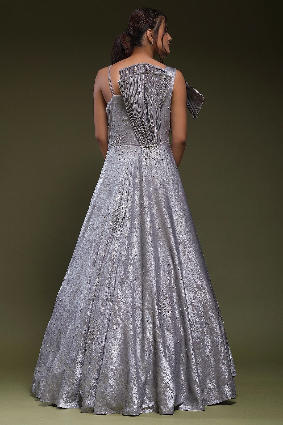 Steel Grey Stone Embroidered Silk Indo-Western Gown