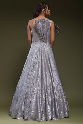 Steel Grey Stone Embroidered Silk Indo-Western Gown